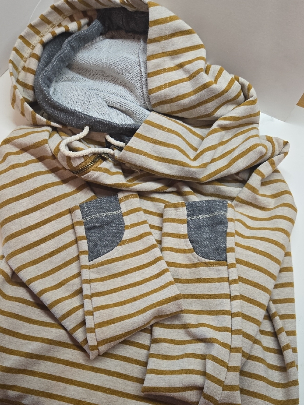 Ampersand Ave Double Hooded Pullover Sweater in Mustard and Cream- Size Small